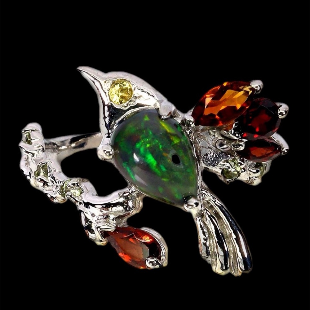 Exquisite, Artistic Natural Genuine Black Opal & Garnet Bird Ring